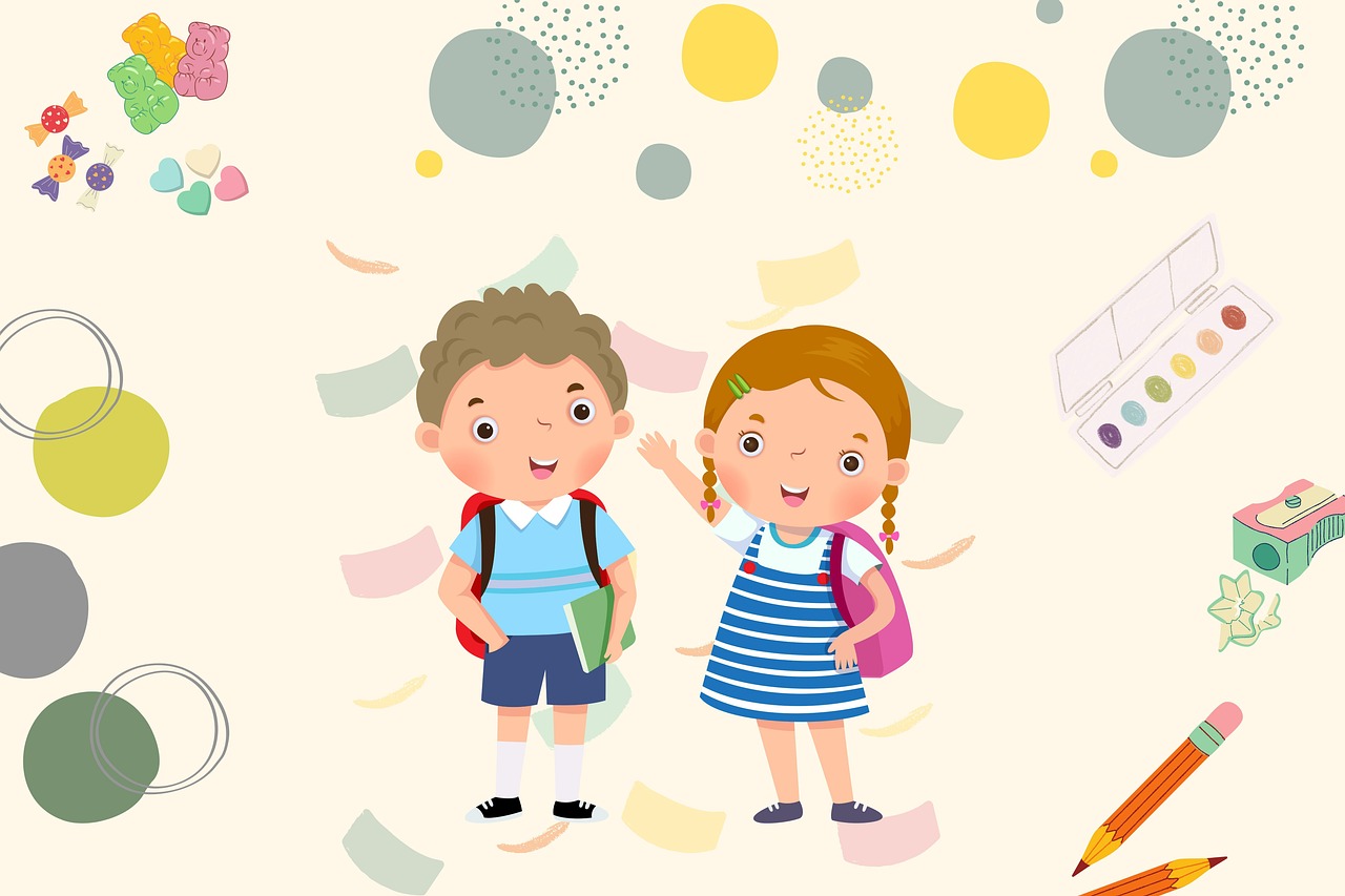 Bildet viser en tegnet illustrasjon av en gutt og en jente med utstyr som benyttes i skolen