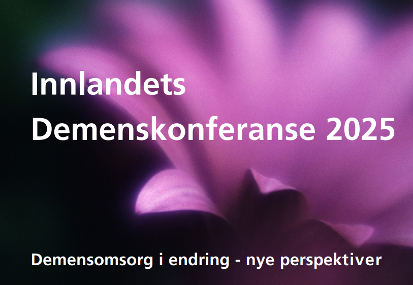 Sort bakgrunn med rosa blomst og teksten Innlandets demenskonferanse 2025 og Demensomsorg i endring - nye sperspektiver.