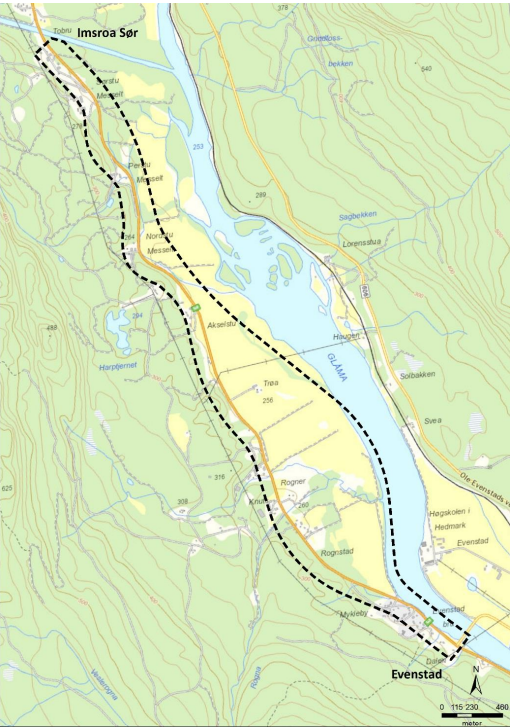 Kartutsnitt Imsroa-Evenstad i Stor-Elvdal