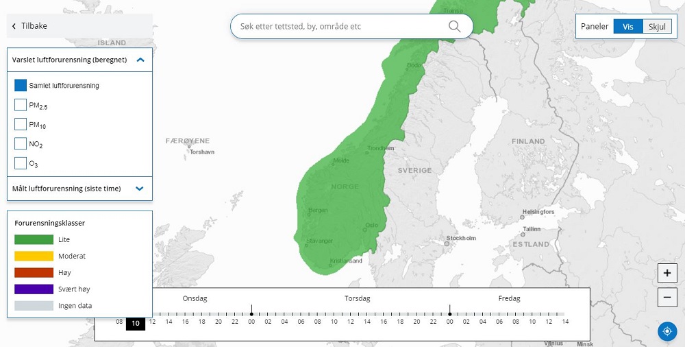 Foto: Kartvisning på Luftkvalitet i Norge på en god dag. / https://luftkvalitet.miljodirektoratet.no.