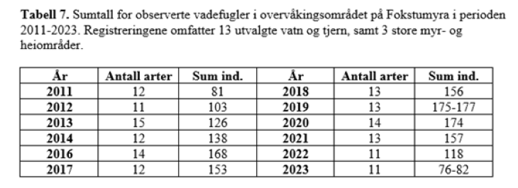 Utviklingen for observerte vadefugler i Fokstumyra naturreservat 2011-2023. Diagram av Birdlifte avd. Oppland. Foto: Diagram av Birdlife avd. Oppland. Utviklingen for observerte vadefugler i Fokstumyra naturreservat 2011-2023. Diagram av Birdlifte avd. Oppland.