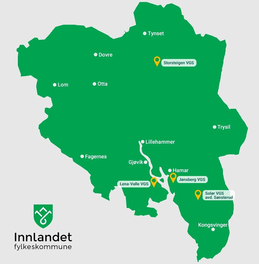 Kart som syner naturbruksskular i Innlandet Foto: Innlandet fylkeskommune. Kart over Innlandet som syner naturbruksskular