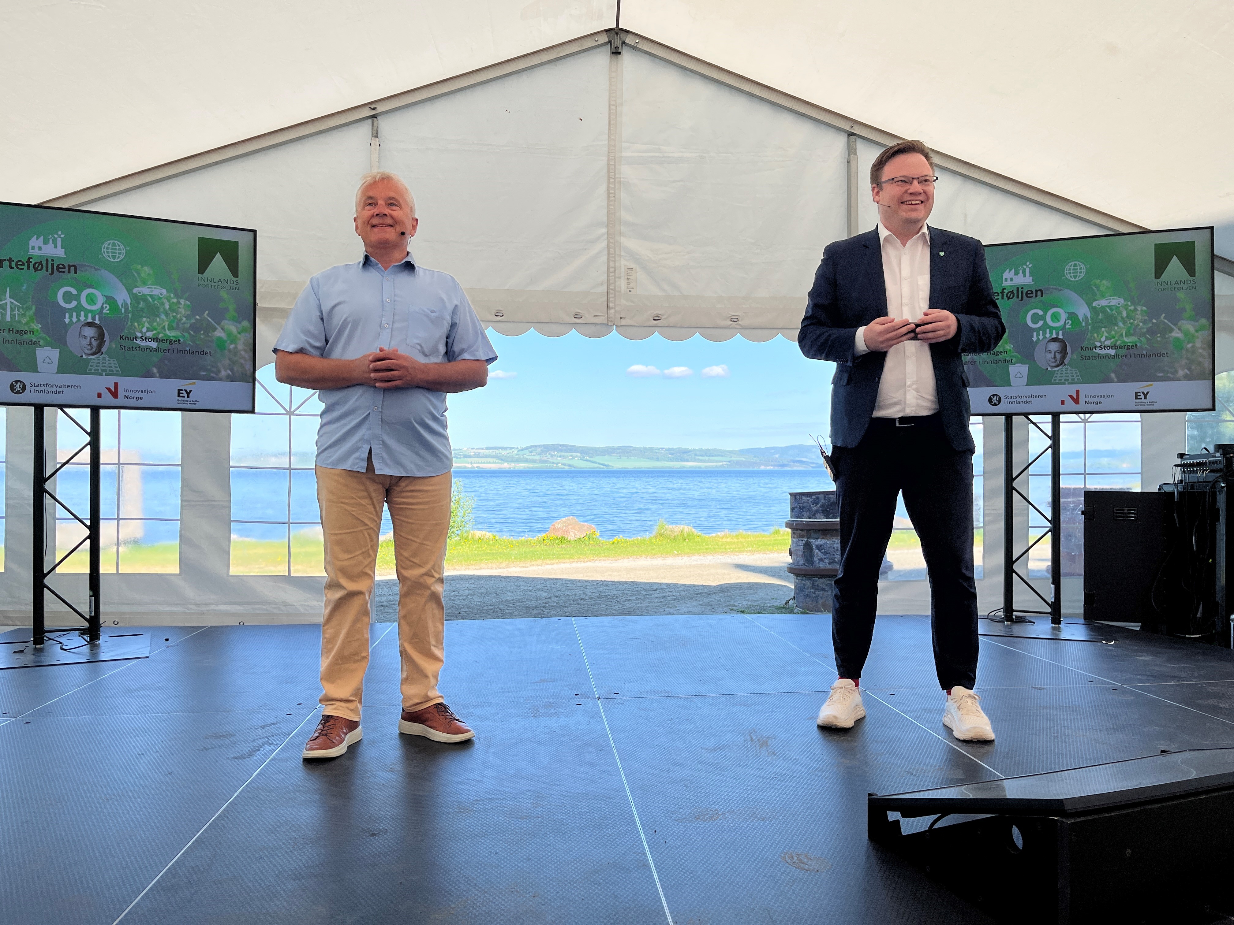 Statsforvalter Knut Storberget og fylkesordfører Even Aleksander Hagen åpnet lanseringen av Innlandsporteføljen. Foto: Marit Thobiassen Strande. Statsforvalter Knut Storberget og fylkesordfører Even Aleksander Hagen åpnet lanseringen av Innlandsporteføljen.