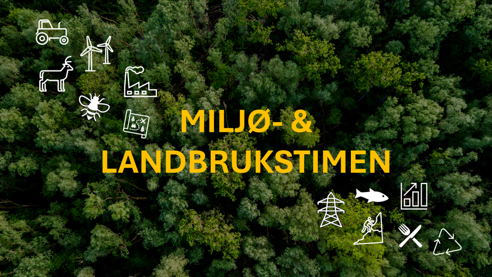 Dronebilde av skog med diverse ikoner som beskriver elementer innenfor fagfeltet miljø og landbruk, f.eks. traktor, fisk, vindmøller, insekter, husdyr, forurensning, gjenbruk m.m. 