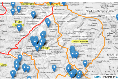 Kartutsnitt som viser snøskredfare