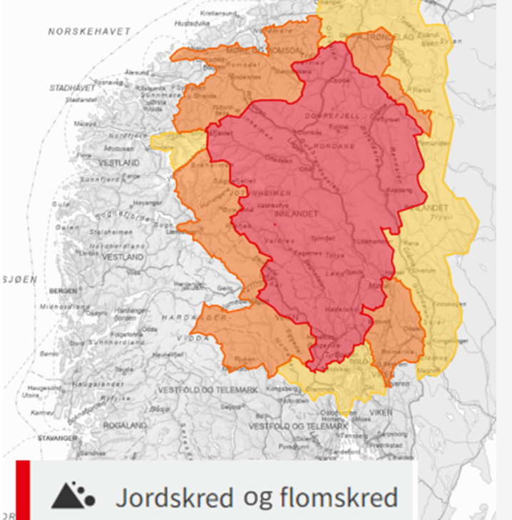 Rødt farevarsel for flom og jordskred i Innlandet Foto: Varsom.no / Varsom.no. Viser rødt jordskredvarsel i Innlandet