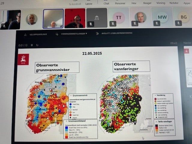 Foto: Skjermdump Teamsmøte / NVE. Skjermdump fra teamsmøte kommunemøte. Bildet viser grunnvannstanden i Innlandet.