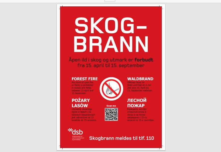 Denne plakaten kan trykkes opp og brukes fritt. (DSB) Foto: DSB / DSB. Plakat som advarer mot skogbrann
