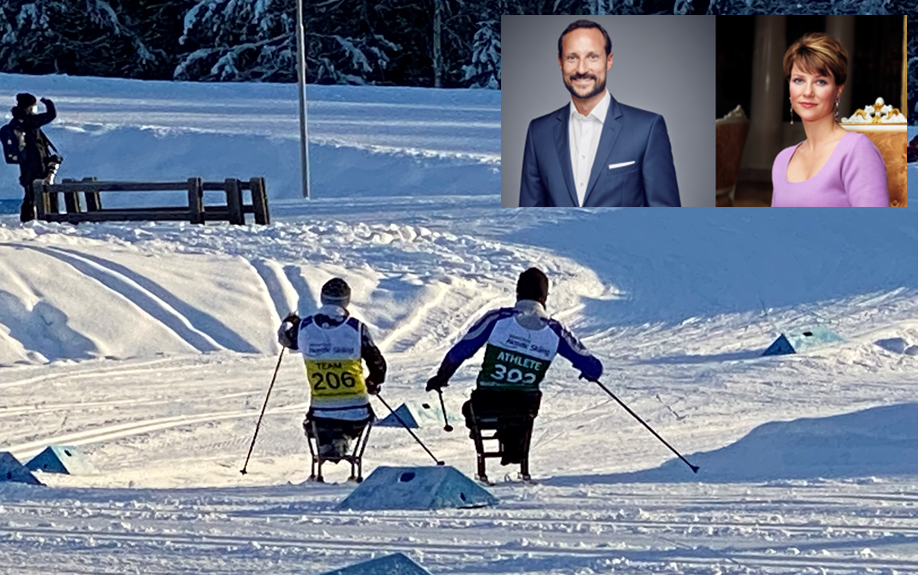 Langrennsutøvere og bilde av Kronprins Haakon og Prinsesse Märtha Louise